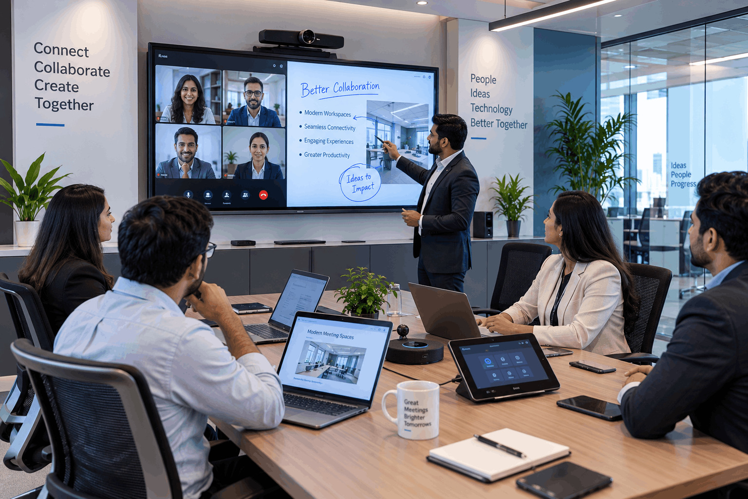 Team in a meeting room discussing an AV-equipped presentation
